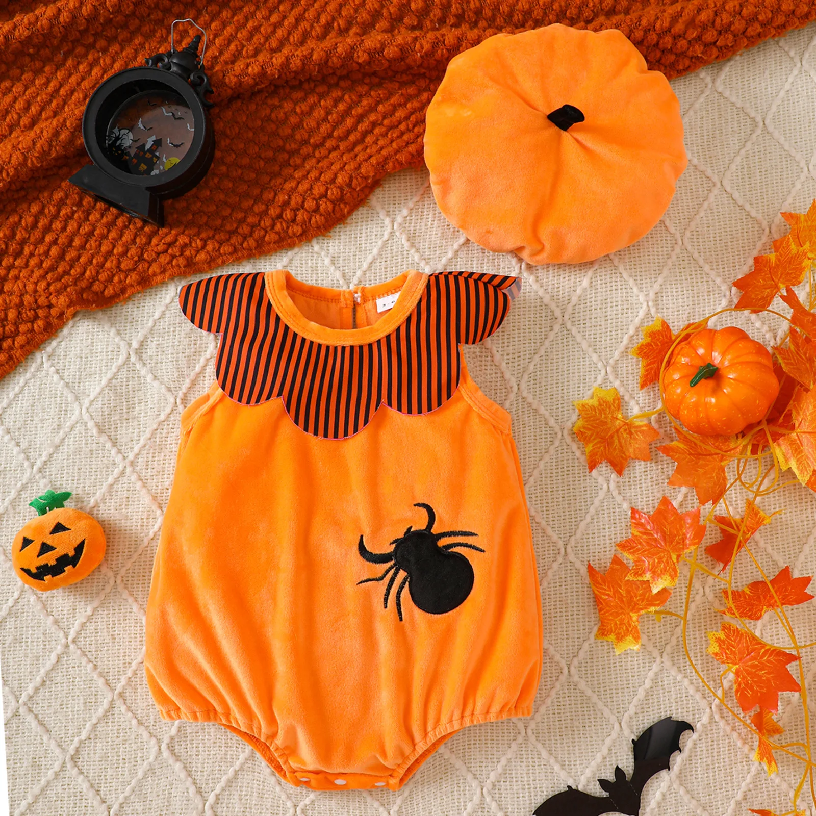 

Autumn Newborn Halloween Costume Set Cartoon Pumpkin Spider Bat Embroidery Romper + Hat 0-18M Baby Girl Boy Clothes
