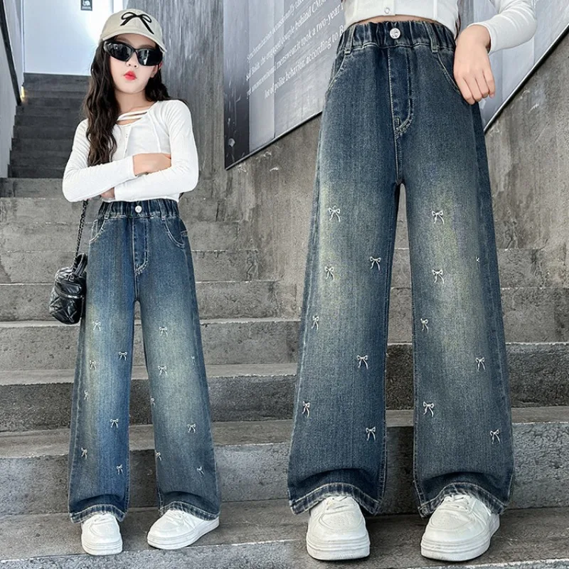 UNITIM 4-14Y Girl Denim Pant Autumn Children Girls Bow All Printed Jeans Loose Versatile Elastic Waist Junior Girl Straight Pant
