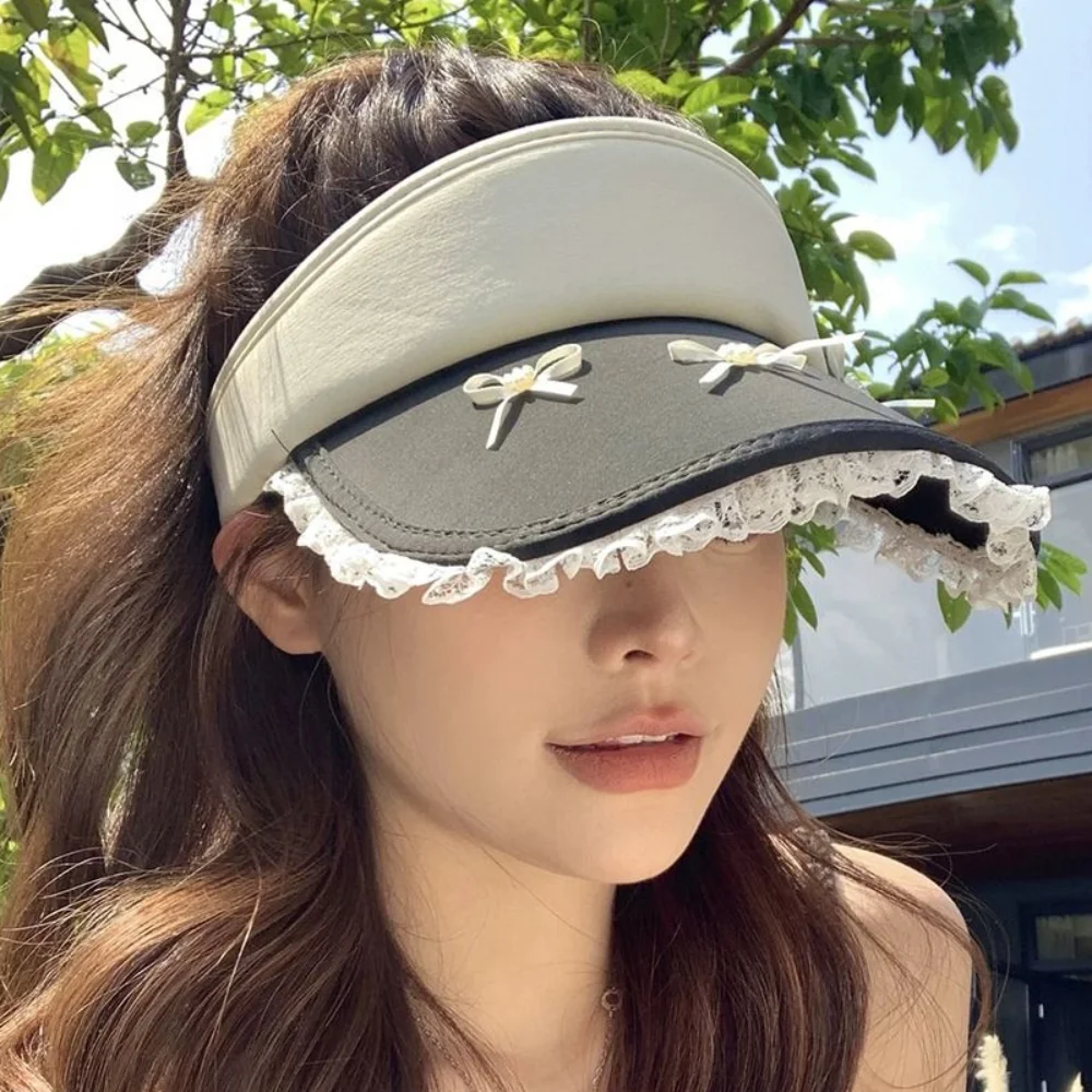 만화 캐릭터 스타일의 빈티지 리본 레이스 챙 여성용 썬햇, 넓은 챙, 사이즈 조절 가능, 자외선 차단 모자, 소녀용