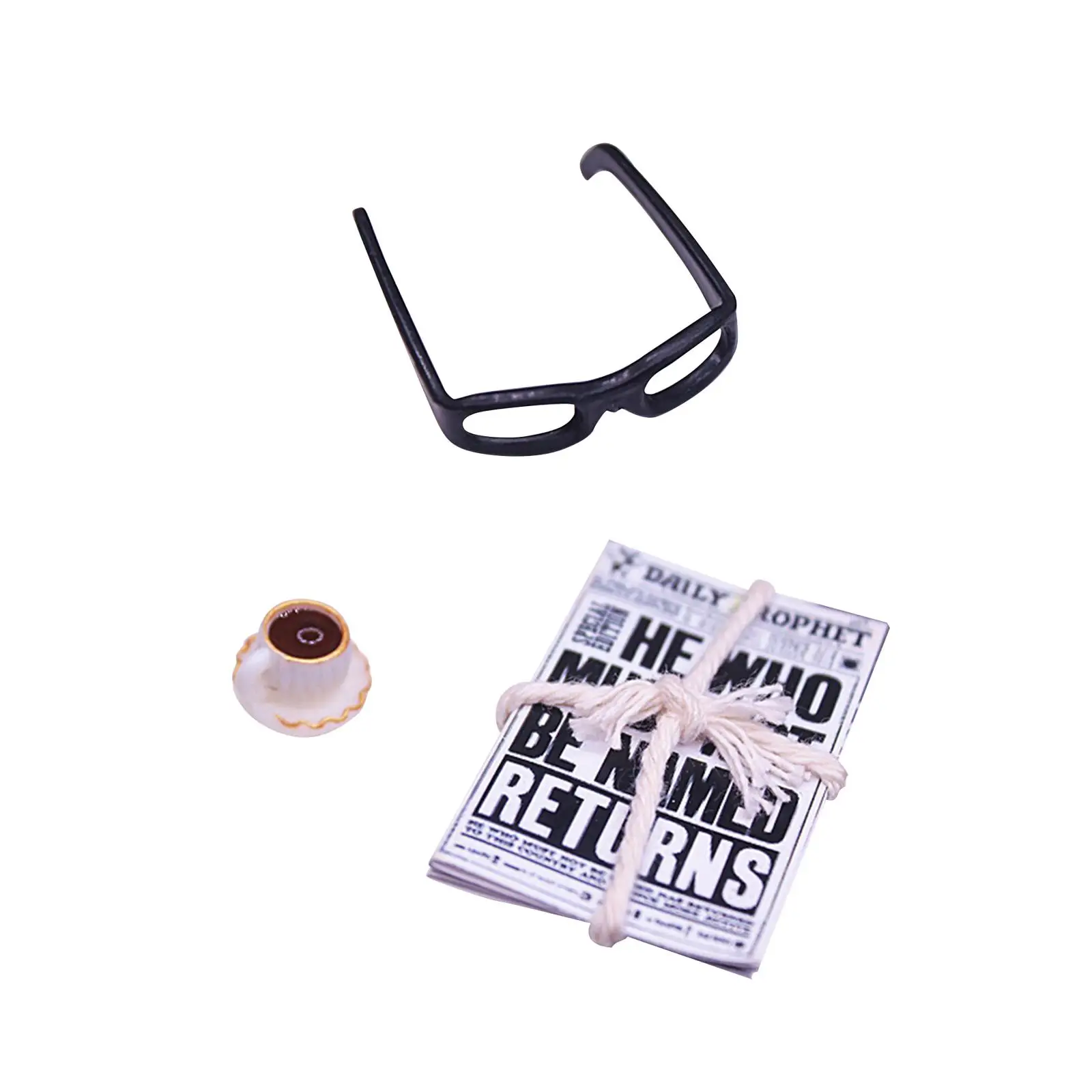 Dollhouse Decoration Accessories 1:12 Newspaper Glasses Coffee Set Dollhouse Furniture for Dollhouse Decoration