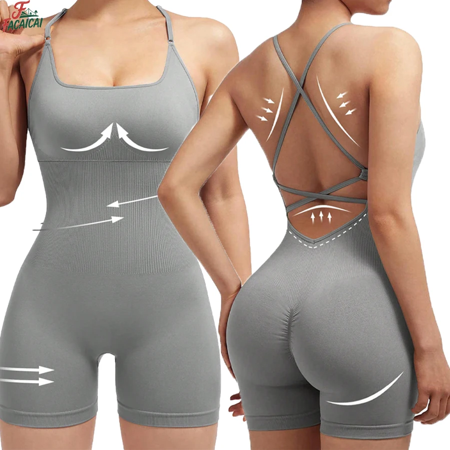 Yoga Romper Women Sexy Criss Cross Backless Ribbed One Piece Workout Jumpsuit Sleeveless Cami for Gym Fitness Casual Wear