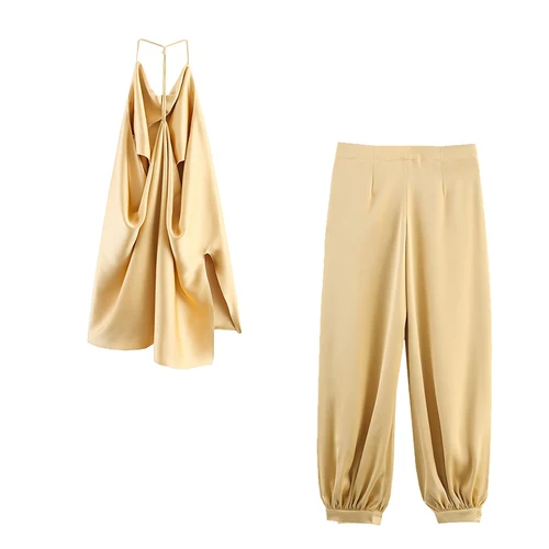 Imagen 2 del producto Conjunto de pantalones para correr de satén elegante para mujer, 2 piezas con cordones, espalda descubierta, pantalones cortos sin mangas, trajes elegantes para mujer 2025