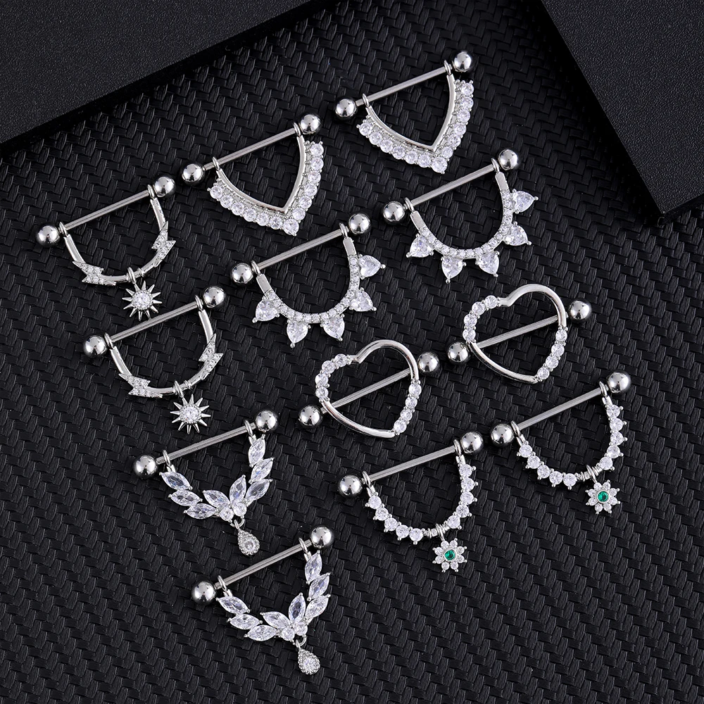 Mixed-Style Nipple Rings 14G Heart Butterfly Sword-Shaped Crystal CZs Nipple Piercing for Women Stainless Steel Shield Jewelry