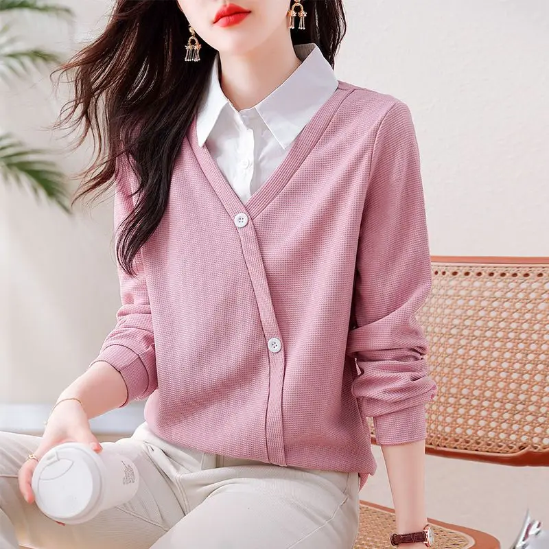 Spring Autumn Long Sleeve Patchwork Fake Two Piece Tops Polo Neck Contrast Loose Casual T Shirts Vintage Elegant Women Clothing