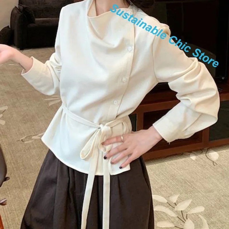 Korean Version of Simple Casual Style Shirt Women's Spring and Autumn New High-grade Sense Strap Waist Long Sleeve Joker Top