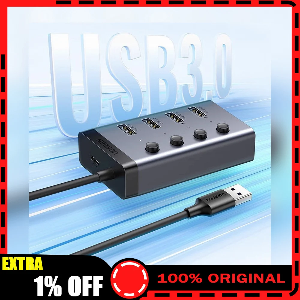 UGREEN 90874 CM613 USB 3.0 Hub 4 Port with Individual Control Switches High Speed USB Splitter for Laptop PC