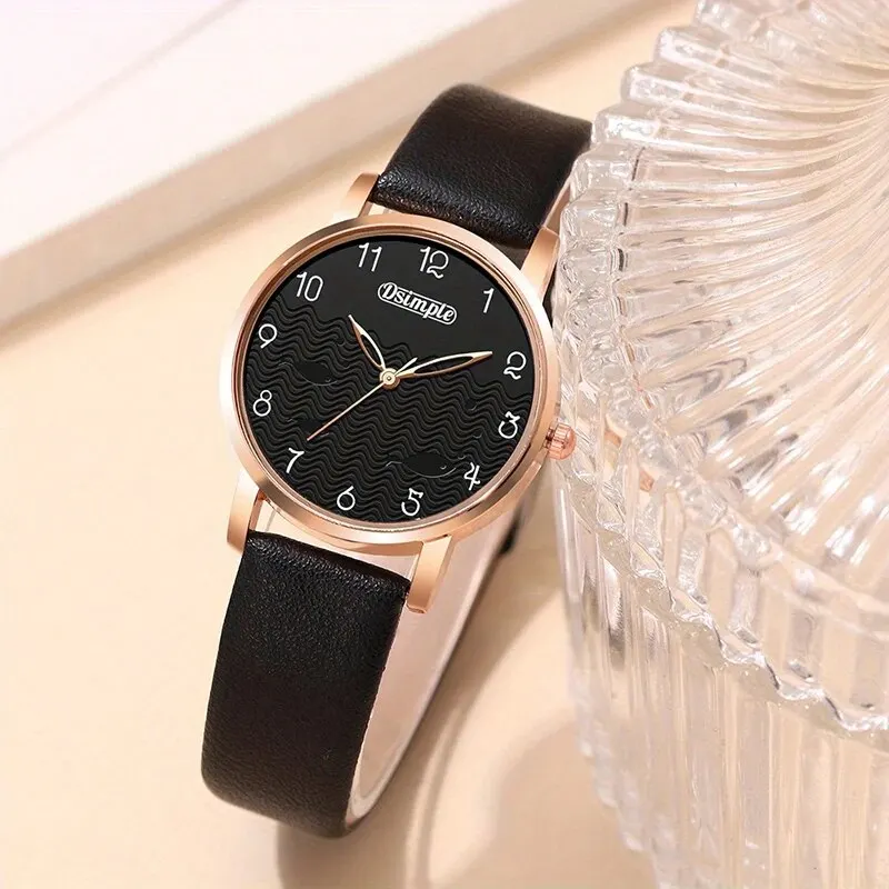 6pcs Sets Luxury Women\'s Black Leather Watches Butterfly Dial with Quartz Wristwatch Women Earring Bracelet Necklace Set