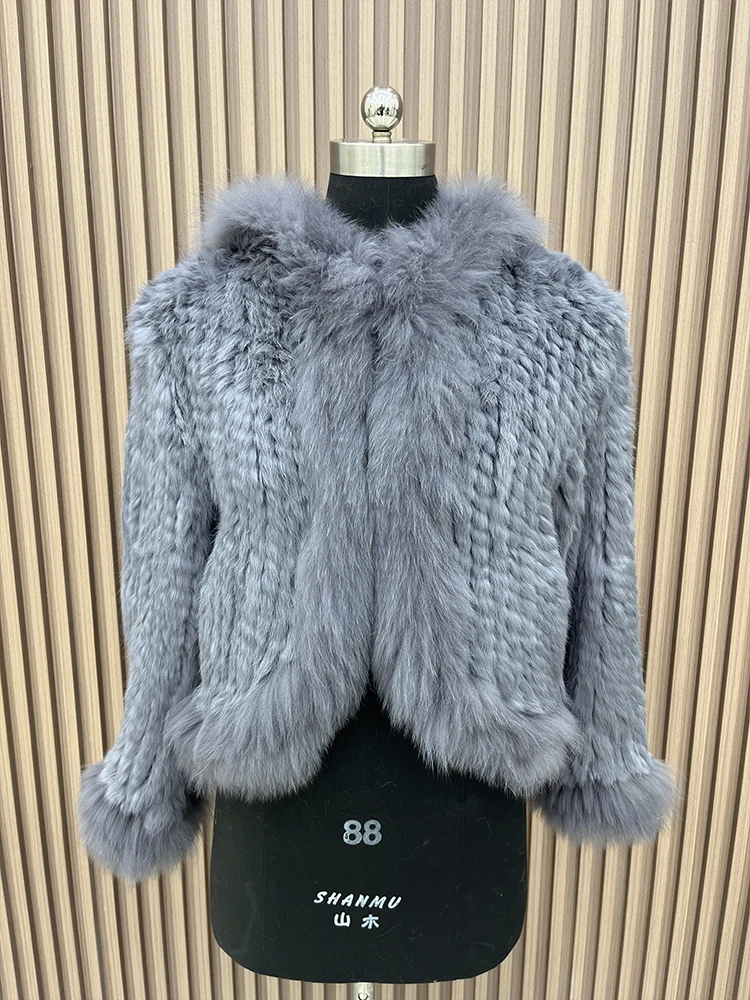 New Women's Natural Rabbit Fur Coats Knitted Real Fox Fur Hooded Jackets Luxury Female Overcoat Clothing