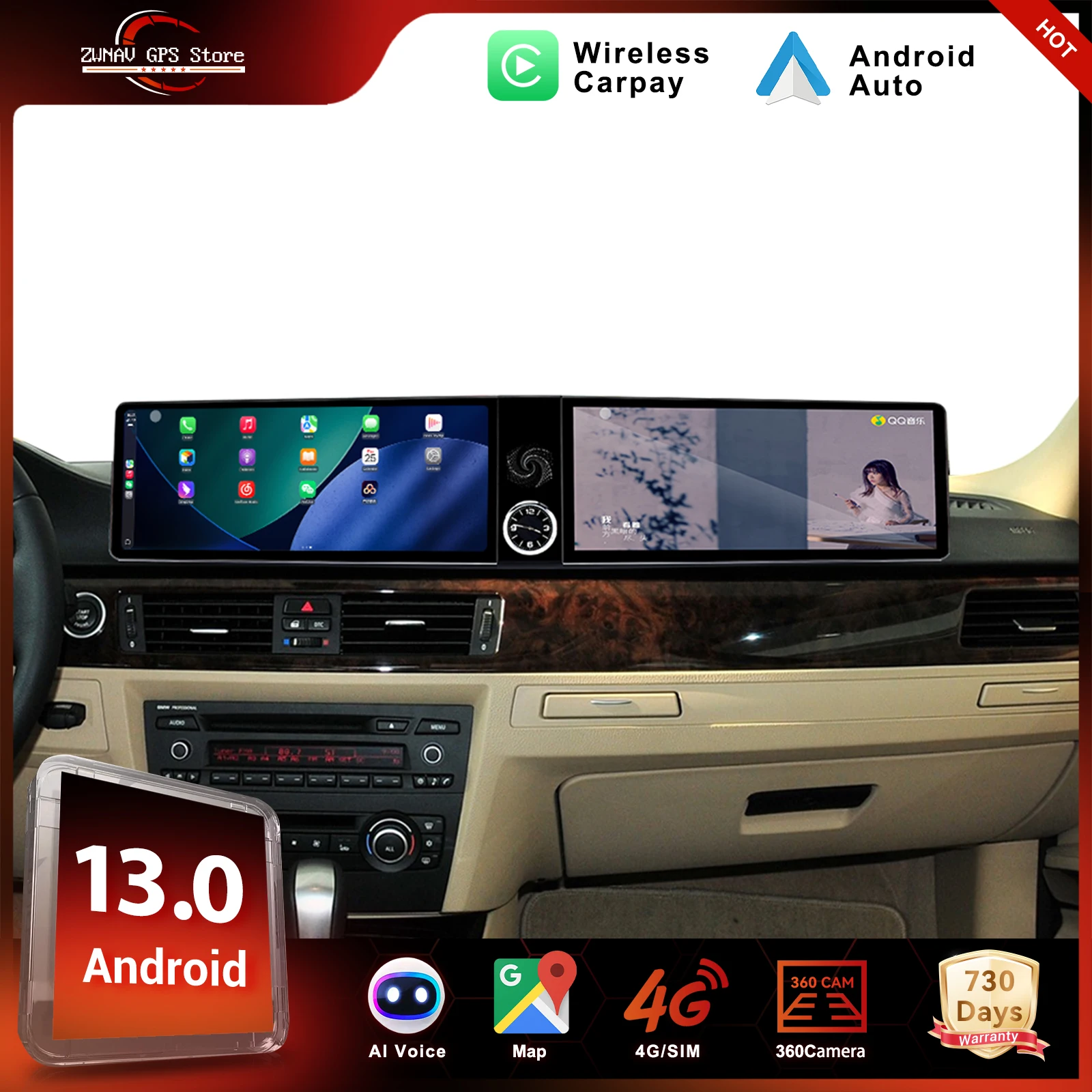 

ZWNAV 12.3+12.3" Car Radio For BMW 3 Series E90 E91E92 E93 2005-2012 DSP Carplay Stereo GPS Multimedia Video Wireless Carplay