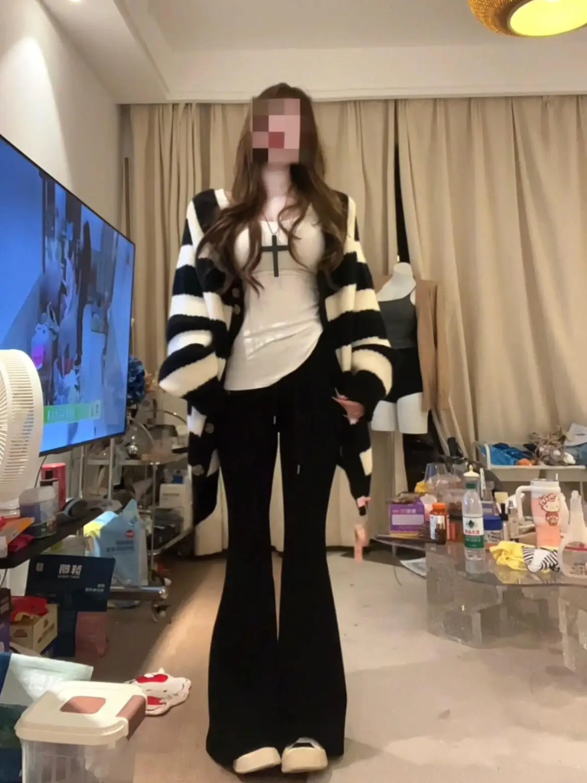 

Корейский свободный женский вязаный кардиган из мягкого хлопка в полоску, средней длины, с открытым передом, для осени и зимы, повседневный, Aosp...