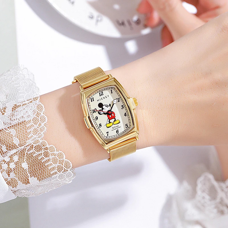 Anime Disney Peripherals Unisex Men Women Tonneau Dial Mickey Mouse Quartz Wristwatch Luminous Waterproof Cute Clock Xmas Gift