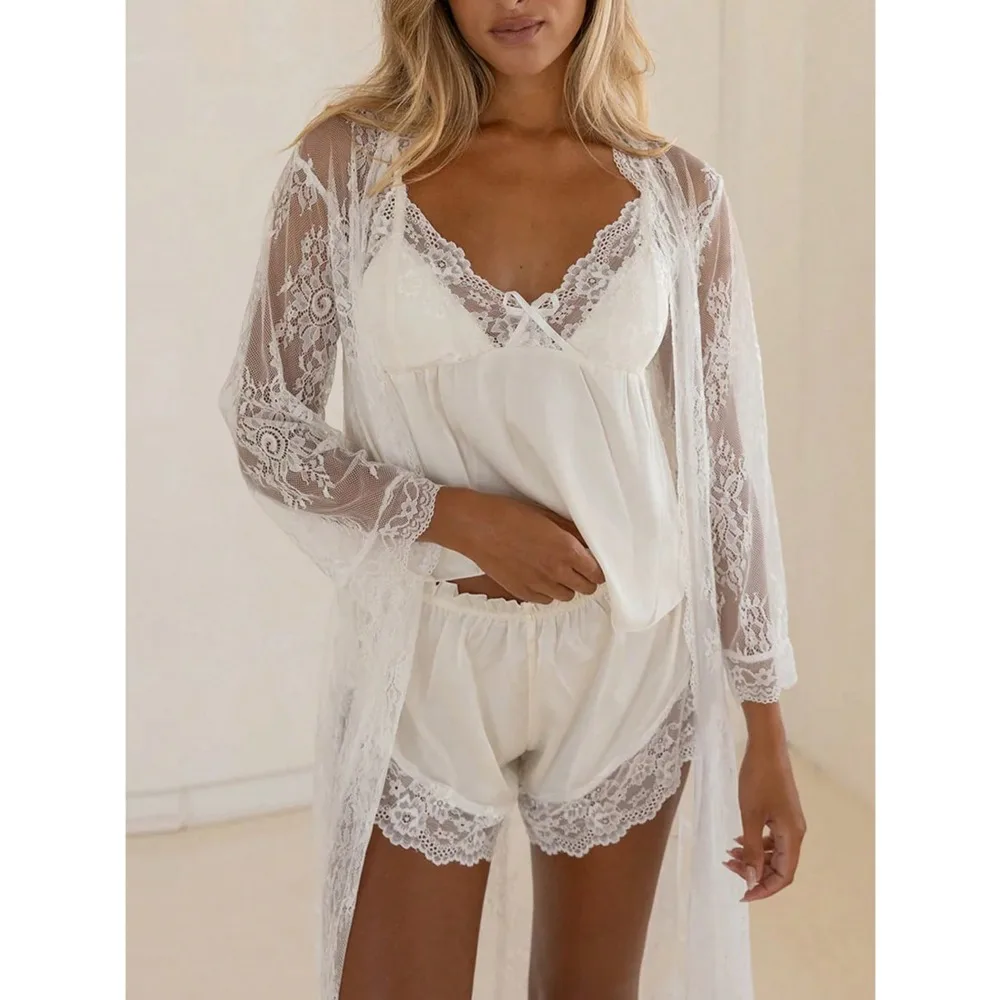 Women's Sweet Cute Satin Pajama Set Lace Trim Spaghetti Strap Deep V Two Piece Loungewear Nightwear