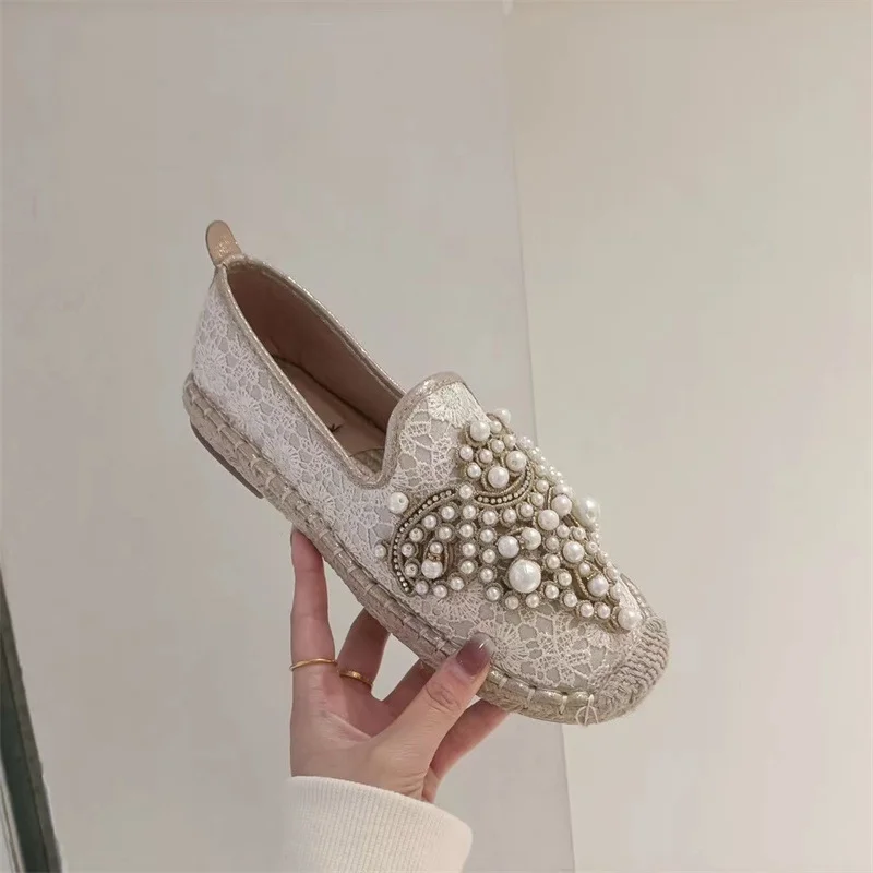 

Women's Summer New Lace Fisherman Hollow Hemp Bottom Lazy White One Step Single Flat Shoes