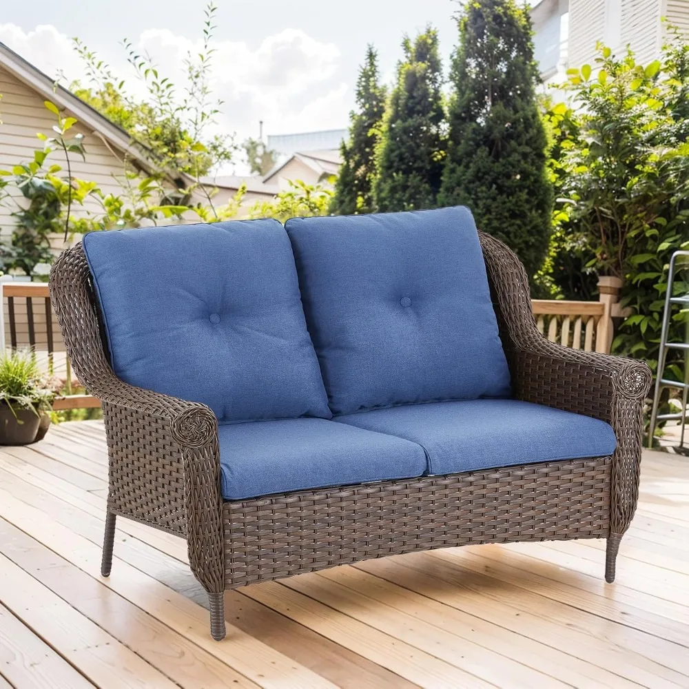 

Patio Wicker Brown Rattan Loveseat Outdoor Couch with Chrysanthemum Armest & Water Resistant Cushions