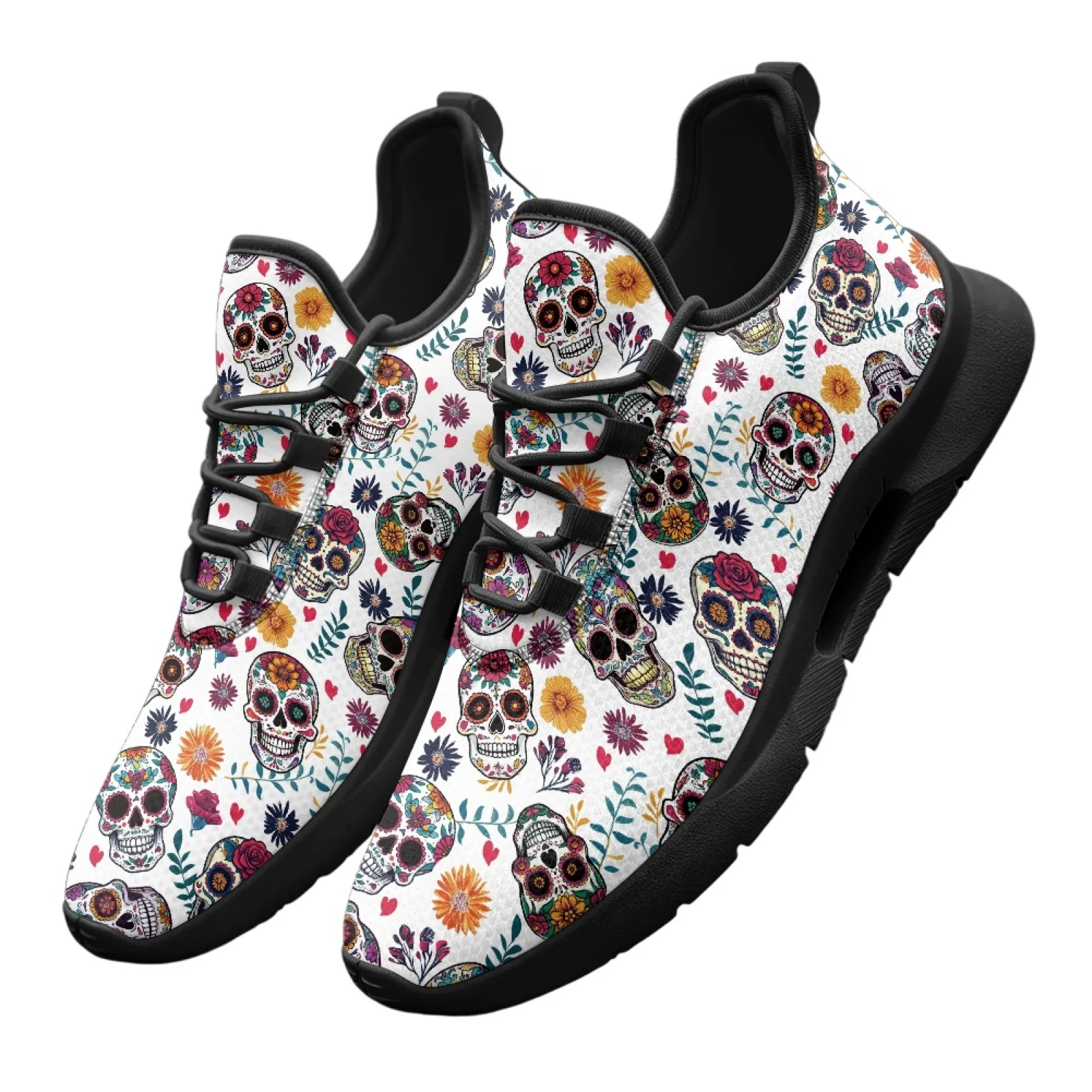 PENSTROLL Lightweight Mesh Lace-Up Sneakers Fashion Non-Slip Mens Running Shoes for Casual Attire Male Floral Sugar Skull