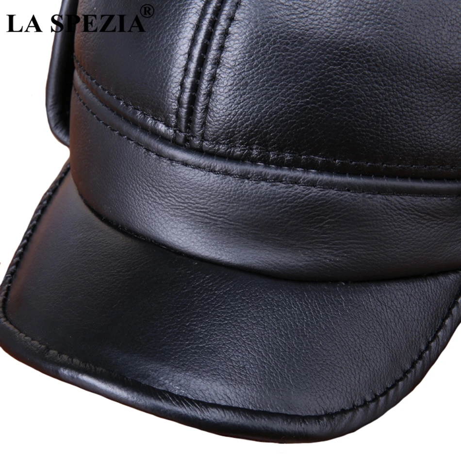 LA SPEZIA Winter Baseball Caps with Fur Earflaps Men Genuine Cow Leather Warm Thick Duckbill Hat Male Luxury Brown Leather Hat