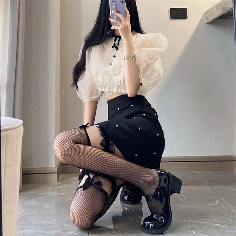 New Women Fishnet Socks With Lace Bow Thigh Ring Mesh Sheer Socks Lolita Cosplay Thigh High Stockings Hot Sale