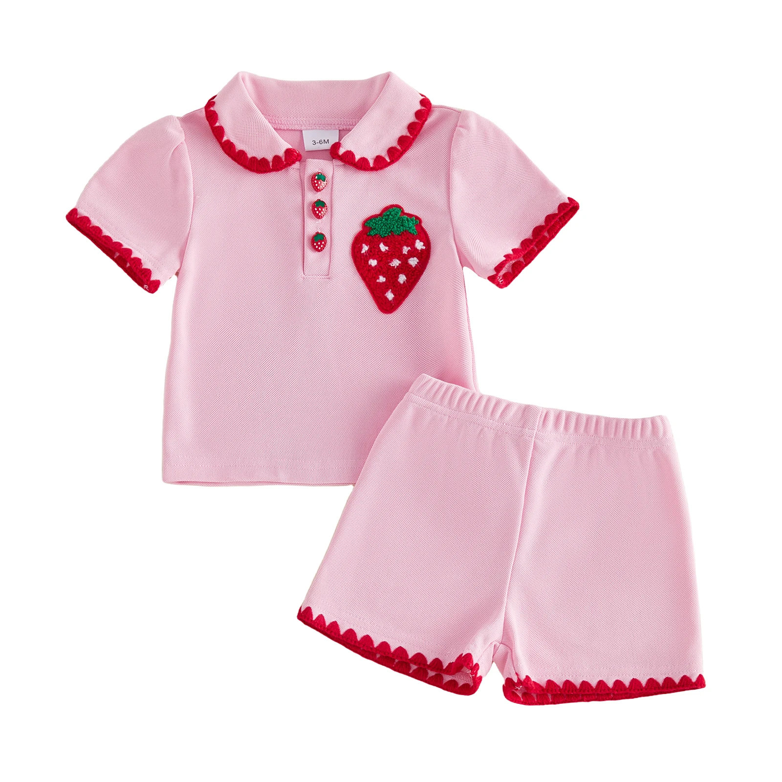 

Комплект из 2 предметов для маленьких девочек: летний топ с короткими рукавами, воротником-стойкой и вышивкой в виде клубники, а также шорты с эластичной резинкой на талии