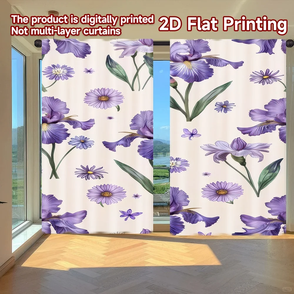 

2D flat printing 2pcs Curtains Floral Butterflies and Irises Digital Printed Polyester Drapes Festive Holiday Perfect for Art