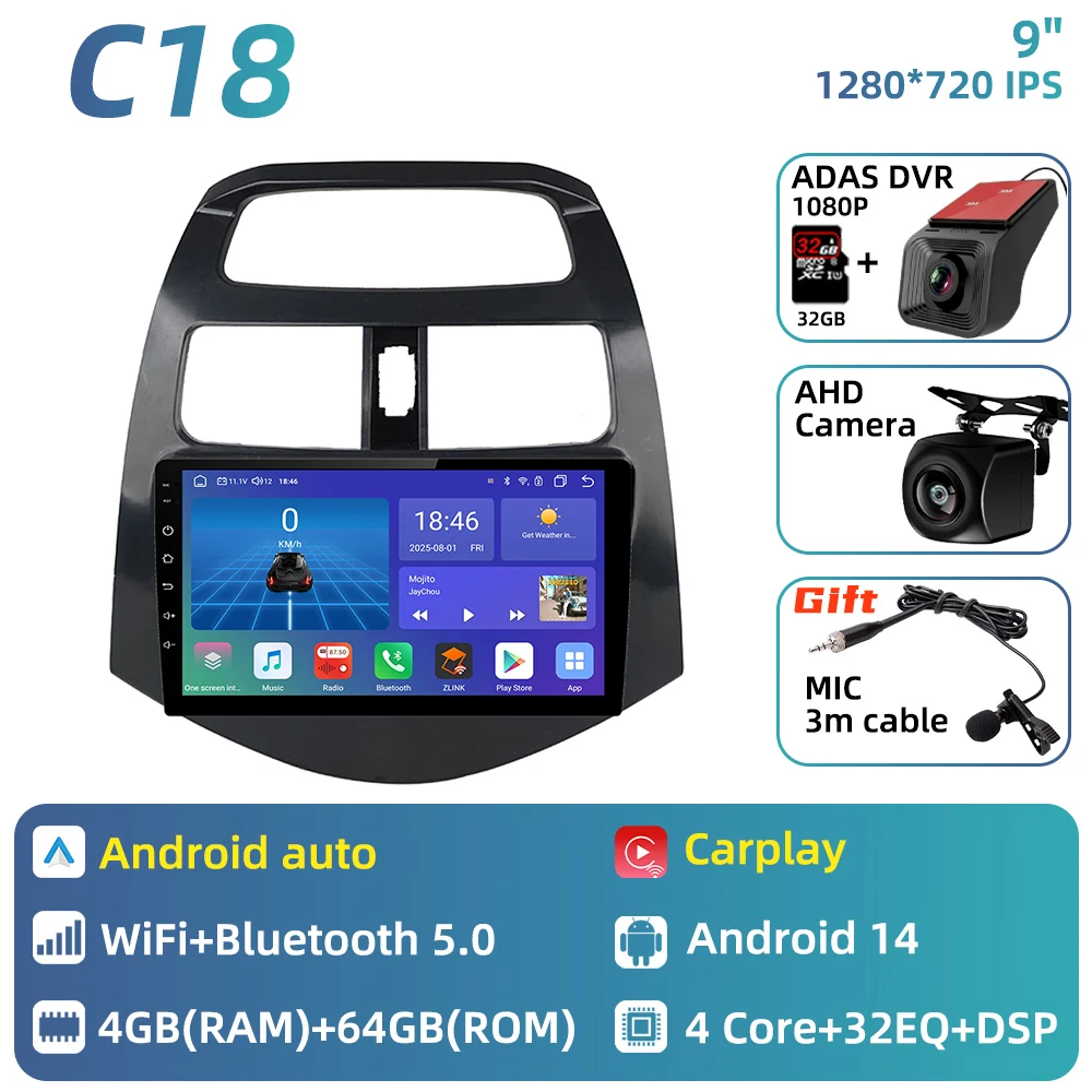 Auto radio voor Chevrolet Spark 2010 - 2014, multimediaspeler, Android Auto, GPS navigatie, head unit, stereo, 2 DIN, 4G