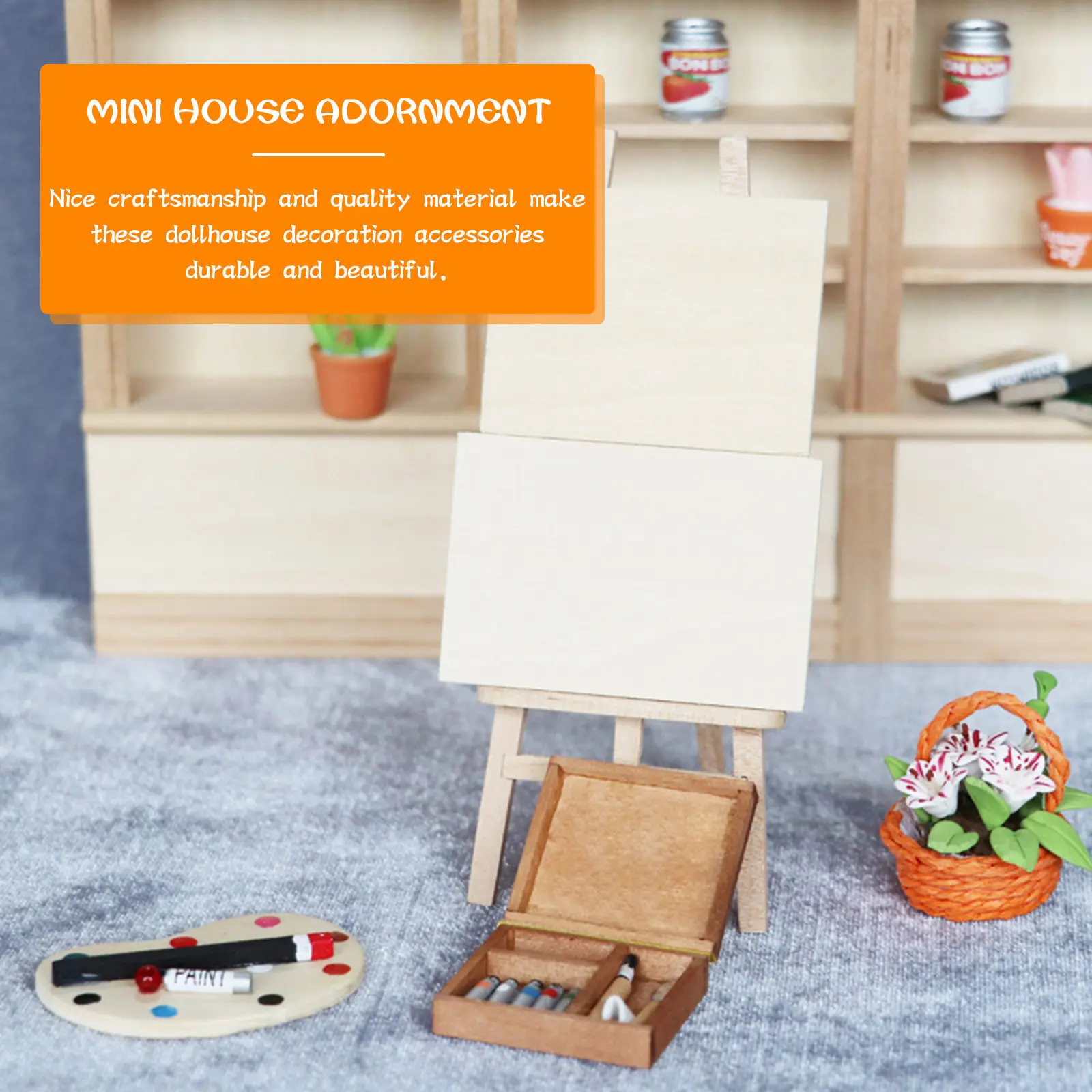 

4Pcs Miniature Wooden Easel Painting Set Exquisite Oil Watercolor Box Miniature House Furniture Decoration Mini House Adornment