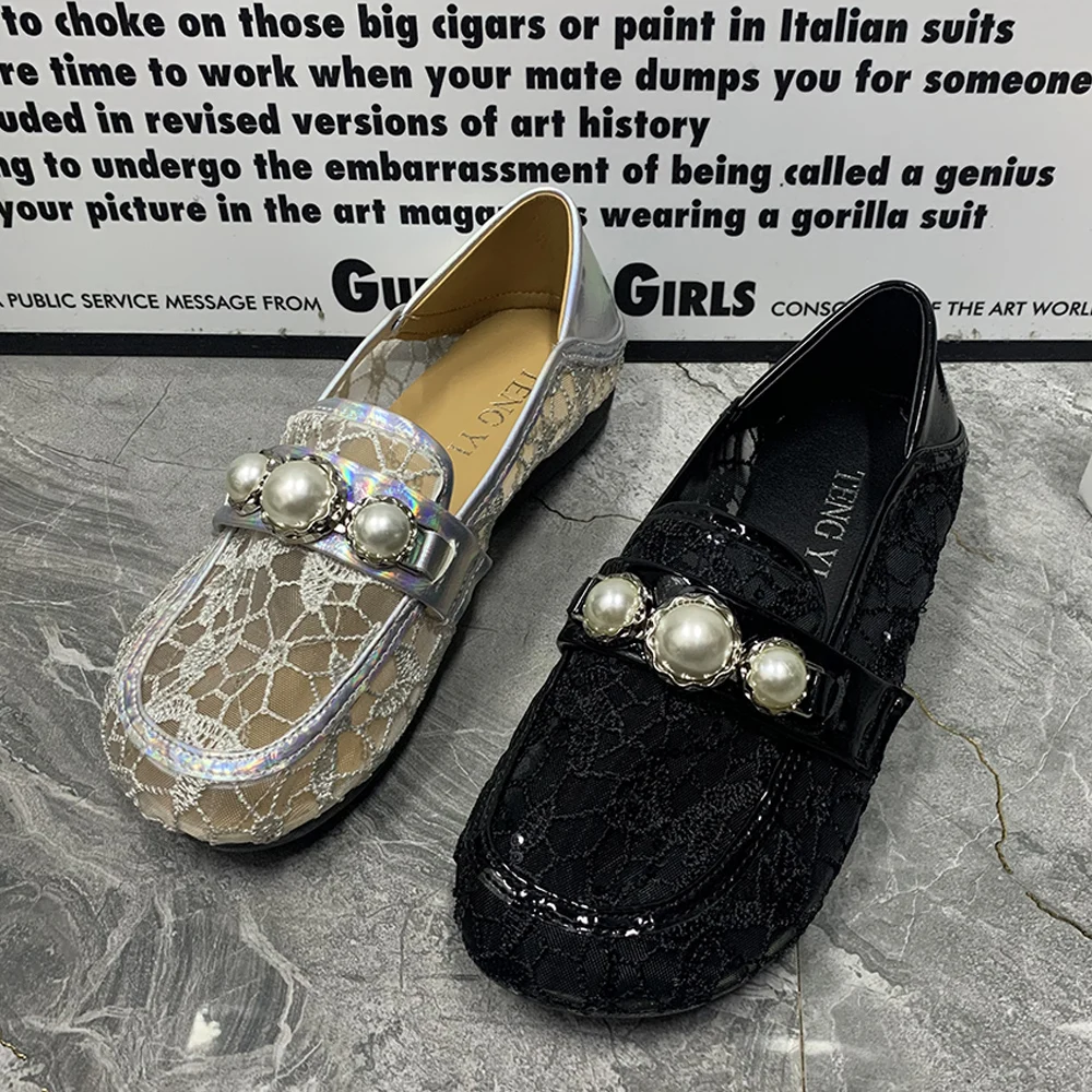 

Summer Women Loafers Plus Size casual Flat Female Mullers Fashion Pearl Designer Women Shoes Gauze Breathable Sandals