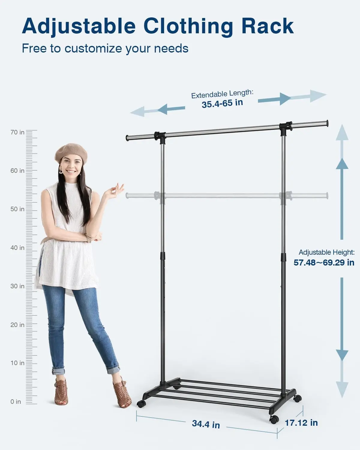 Heavy Duty Adjustable Garment Rack-Rolling Clothes Organizer, Black and Chrome