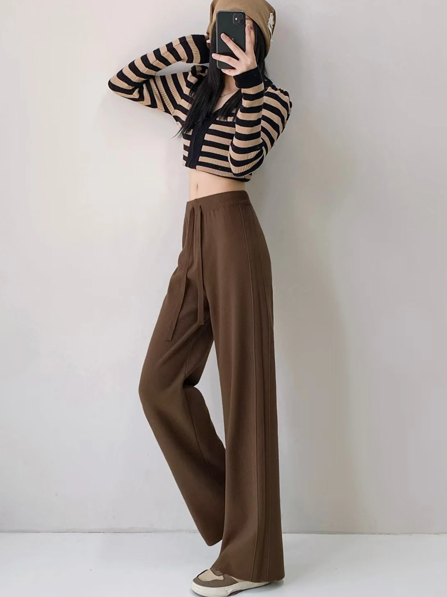 Ladies High Waist Wide Leg Woolen Pants Autumn Winter Loose Fit Drapey Side S Knitted Straight Cut Floor Length Trousers