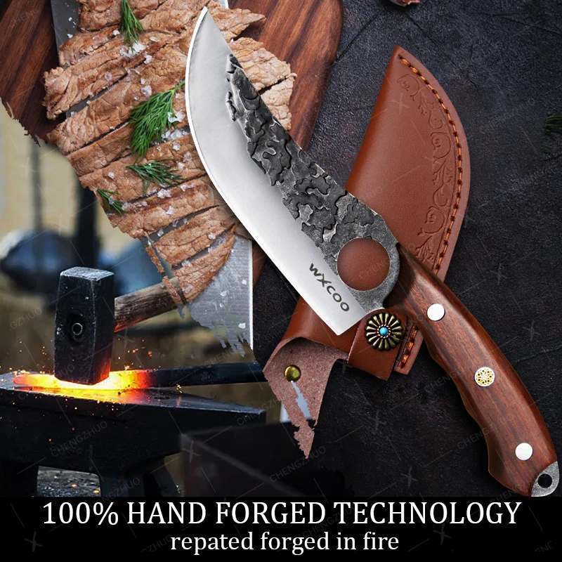 CHENG ZHUO Kitchen Scissors Forged Chef Knife High Carbon Steel Meat Fish Fruit Knife Butcher Cleaver Boning Knife with Cover