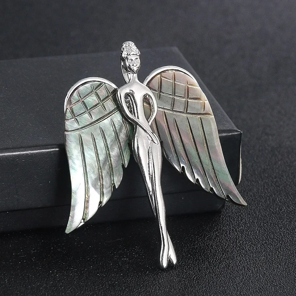Natural Inlaid Abalone Shell Black Mother-of-pearl Brooch Metal Angel Wing Pin Fashion Accessory