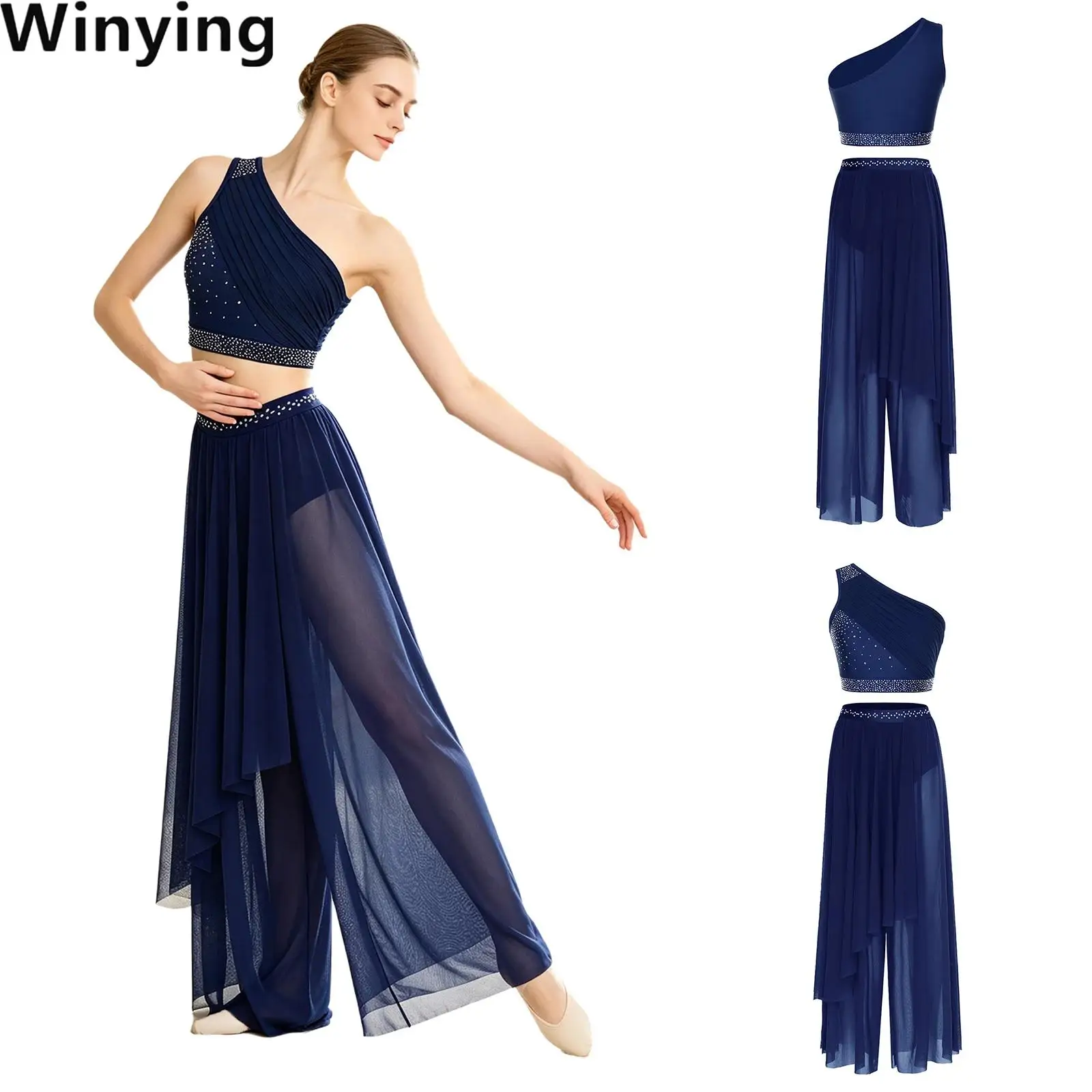 Women Lyrical Dance Costume One Shoulder Ruched Mesh Overlay Rhinestones Crop Top And Irregular Overlay Built-in Briefs