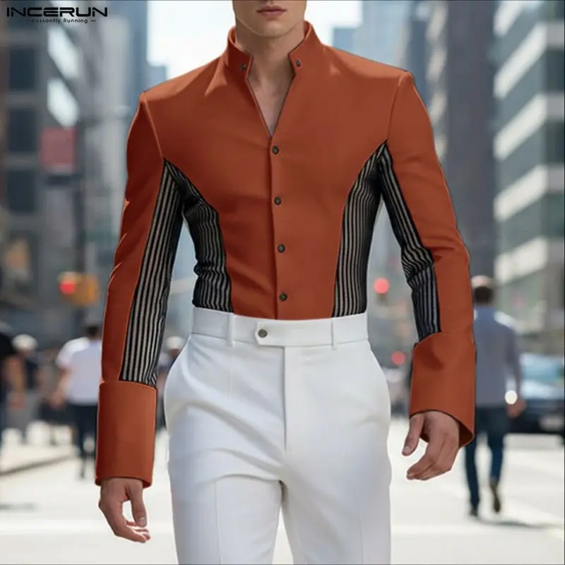 INCERUN Men Shirt Mesh Patchwork See Through Stand Collar Long Sleeve Men Clothing 2026 Sexy Fashion Casual Camisas Tops S-5XL