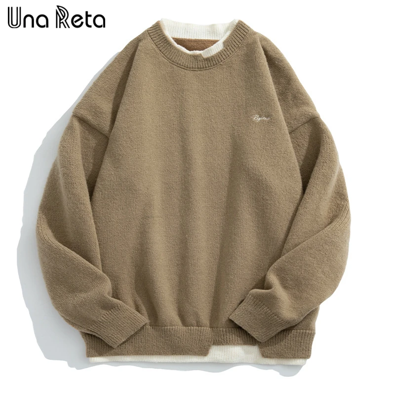 

Una Reta Men's Sweater Streetwear Autumn Winter Patchwork Harajuku Knitwears Pullovers Tops Hip Hop Fake Two Pieces Sweaters