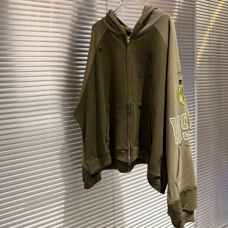 

Project G/R Washed Patchwork Letter Hoodie Hip Hop Casual Cardigan Jacket Sweatshirts Men Women