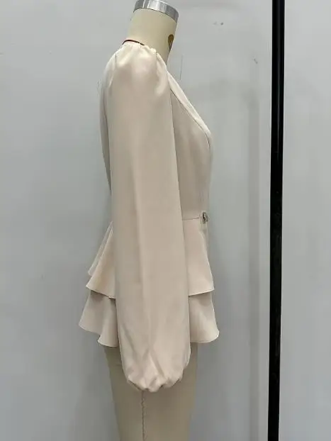 2025 خريف/شتاء جديد المرأة موضة عادية الخامس الرقبة كشكش بلون كم طويل فانوس كم قميص ملابس نسائية #6