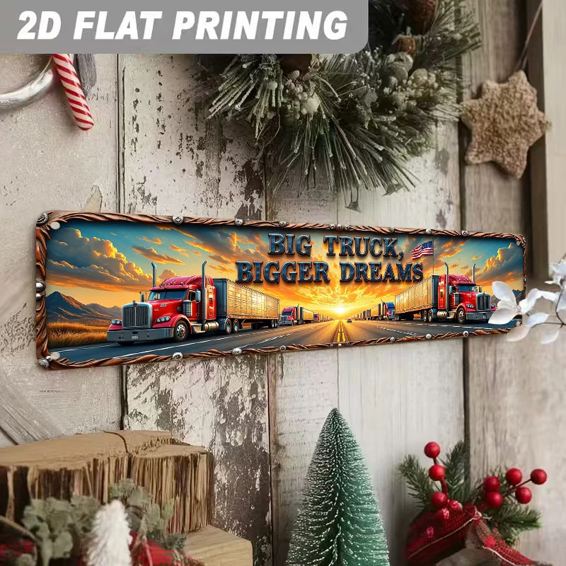 Americana Retro 2D Flat Aluminum Sign Red Truck Flag Wall Plaque Wall‑Mount Decor for Restaurant Truck Stop Nostalgic Gift .