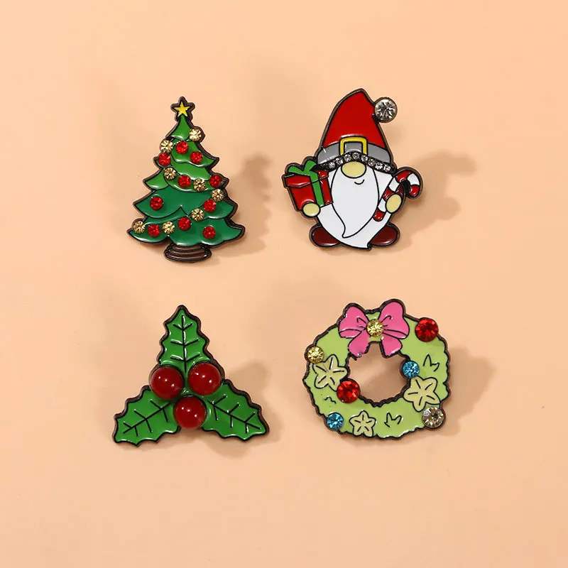 Christmas tree brooch cute cartoon backpack decoration Santa Claus metal badge alloy diamond chest flower