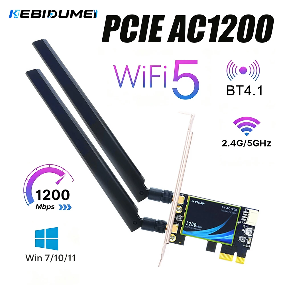 KEBIDUMEI AC1200 PCI‑E WiFi5 Network Card BT4.1 Dual Band 2.4G/5GHz Desktop Wireless Adapter For Windows PC