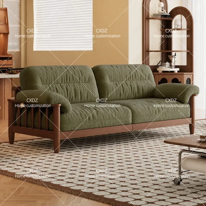 Cream style fabric sofa living room rental house size chenille three-person ash wood cat fleece sofa