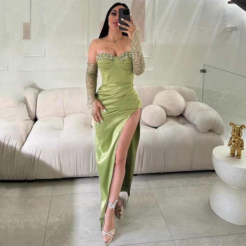 

Classic Green Mermaid Pretty Women's Evening Dresses Sexy Strapless Beaded Prom Gowns Charming Side Split Pleated Abiye Elbise