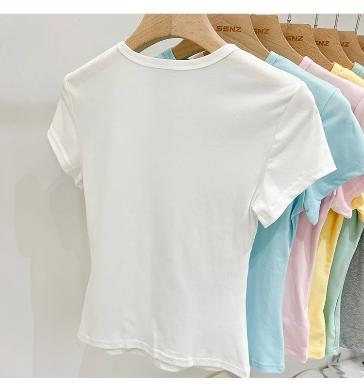 Zjaiss 2026 Sommer Neues Design Slim Fit Basic Top Trendiges Damen Baumwoll-Kurzarm-T-Shirt Einfarbig Vielseitiges O-Neck Tee – Detail 9