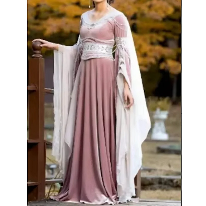 Vintage Medieval Evening Dress Long Flare Sleeves Dusty Pink A Line Velevt Long Formal Gown Customized Victorian Prom Costume