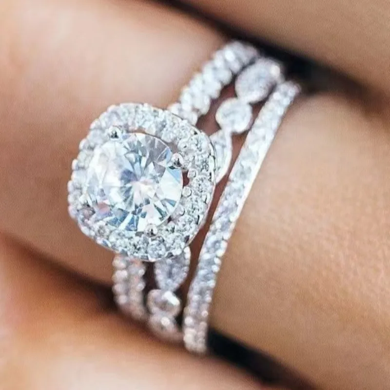 

Exquisite Women Rings Silver Color Round White Stone Rings Set Party Accessories Gift