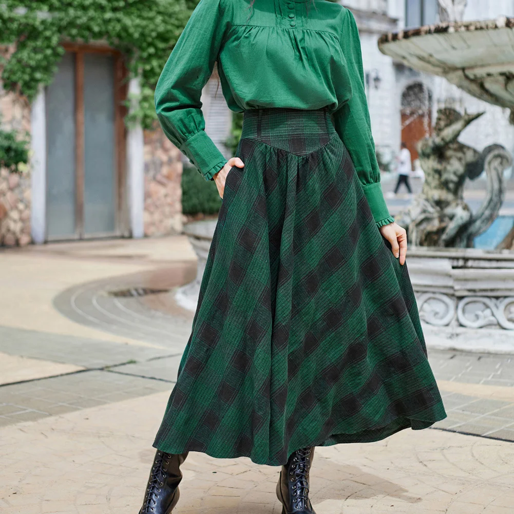 SD Women Renaissance Maxi Skirt Vintage Gingham Elastic High Waist Plaided Swing Skirt Streetwear Party Elegant Lady Clothing