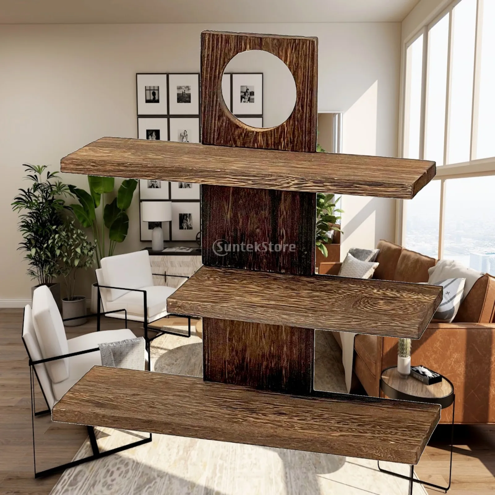 3 Layer Solid Wood Shelf Rack for Desk Organization with Mug Display Opening Rustic Desktop Storage for Kitchen