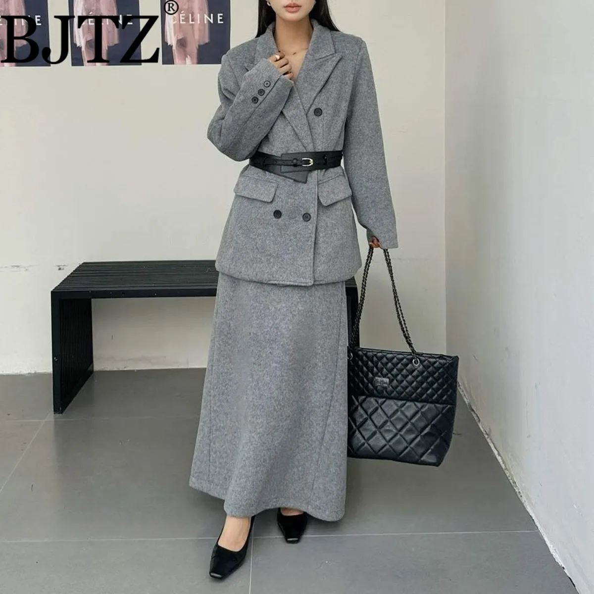 

BJTZ женский двубортный костюм с поясом на талии, шерстяной блейзер и юбка, винтажный офисный наряд из двух предметов, элегантный шик
