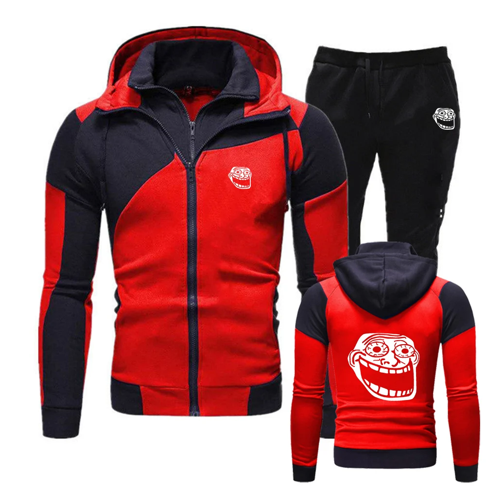 

2025 Spring And Autumn Fashion Troll Face Print Casual Splicing Zipper Hoodies+Sweatpants High Street Sports Suit