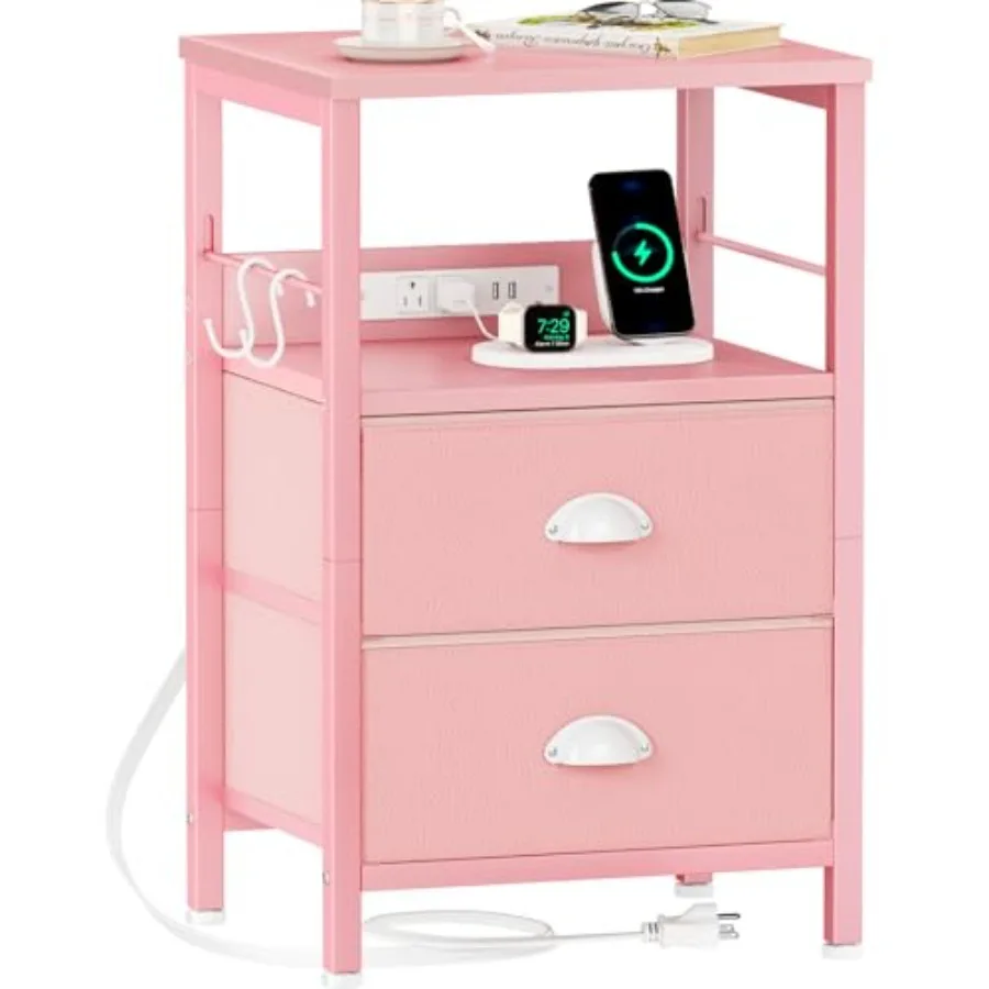 

Nightstand with Charging Station Night Stand with 2 Fabric Drawers Side Table with USB Ports End Table with Storage Shelf for L