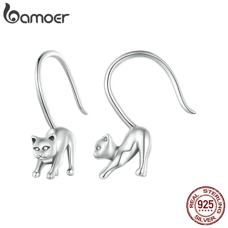 Bamoer Simple 925 Sterling Silver Classic Kitty Cat Earrings Cute Animals Drop Dangle Earrings for Girl Beautiful Party Jewelry