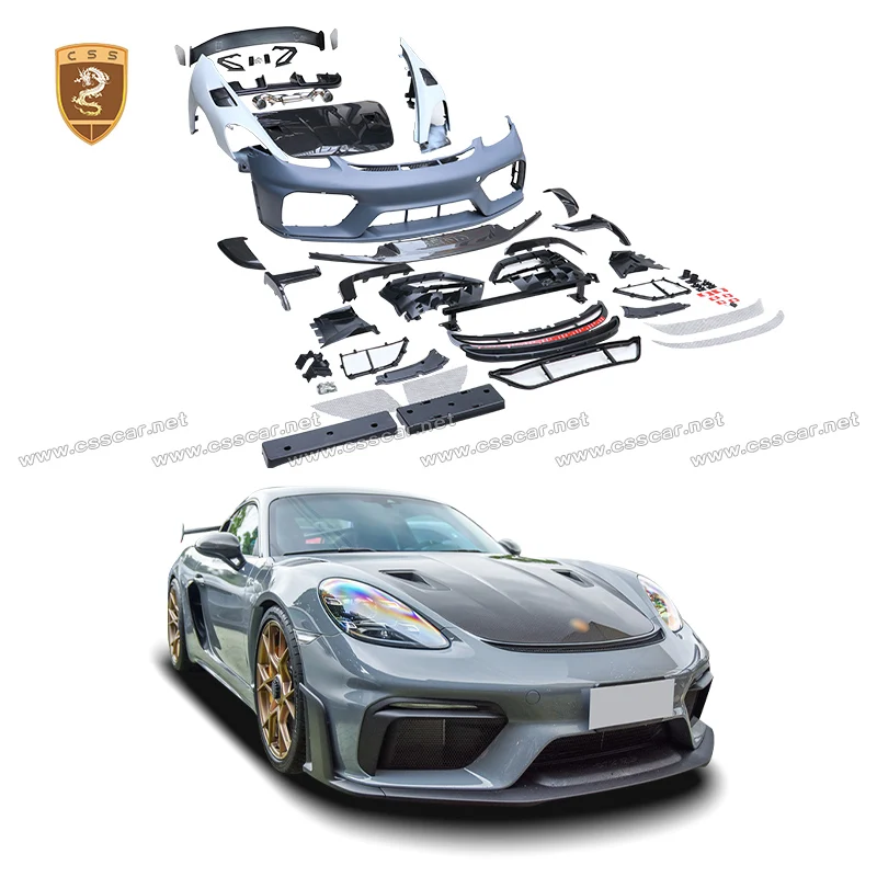 

For Porsche Cayman 718 gt4rs Exhaust Pipe Engine Hood Cover PP Material Front Bumper DRL Frame High Wing Spolier Rear Wrap Angle